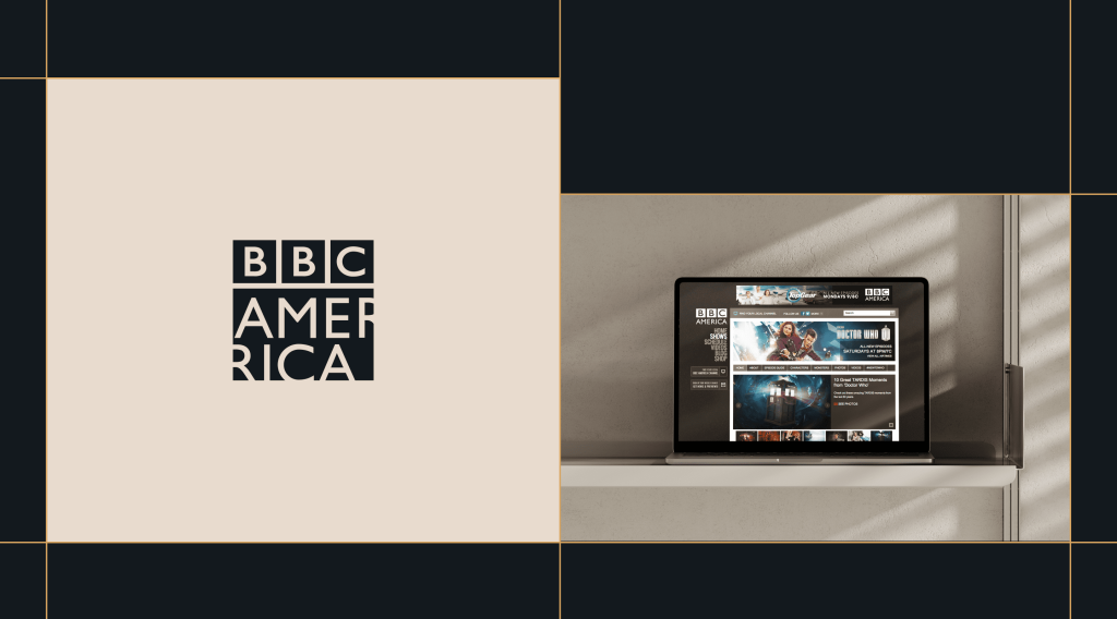 A split-screen composition showcasing BBC America's branding. On the left, a minimalist BBC America logo is centered on a beige background with black borders and gold grid lines. On the right, a laptop sits on a floating shelf against a textured wall, displaying the BBC America website featuring "Doctor Who" and other entertainment content.