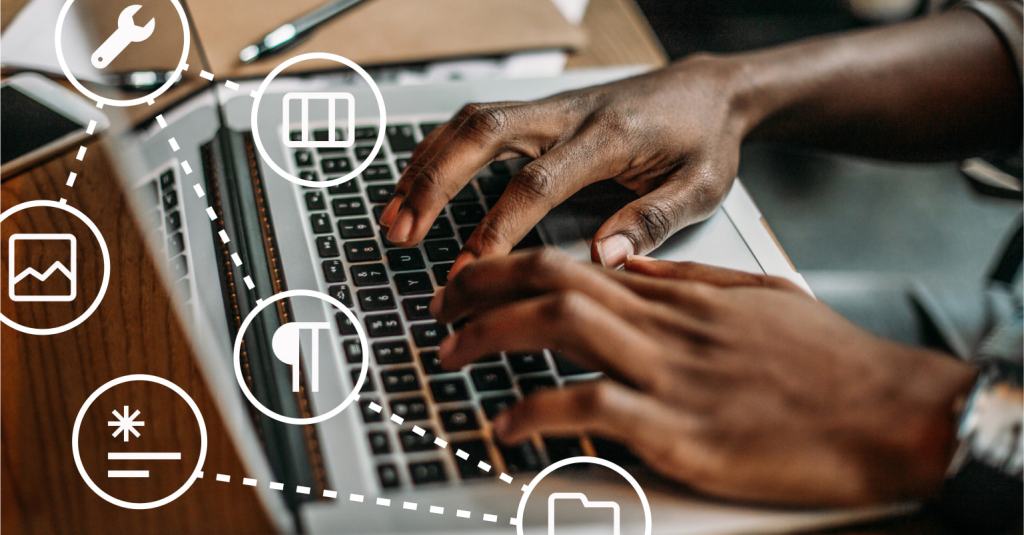 image of hands typing on a laptop with white icons for various content creation items super imposed on top