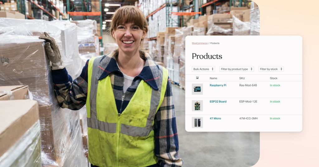 Woman next to pallet of boxes with screenshot of "Products" with inventory level listed beside her