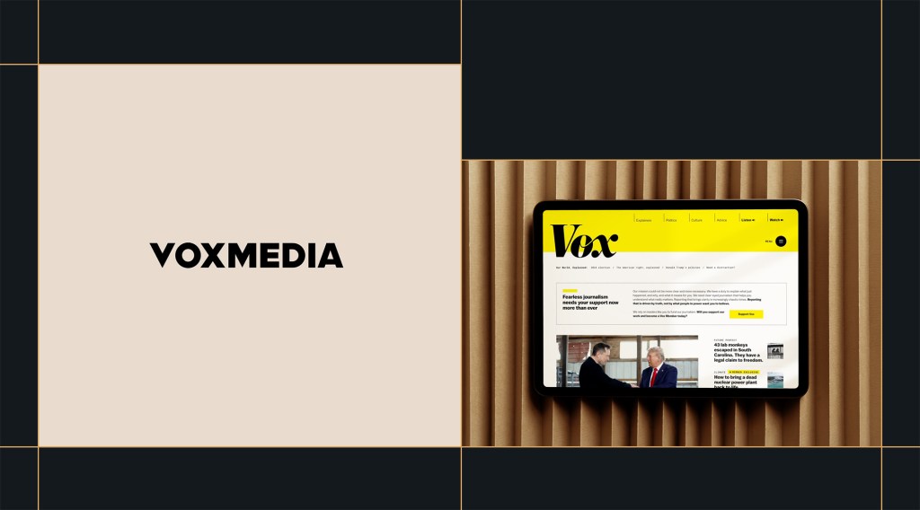 Tablet displaying the Vox Media website homepage with bold yellow branding, placed on a ribbed beige background, highlighting Vox Media’s digital presence.