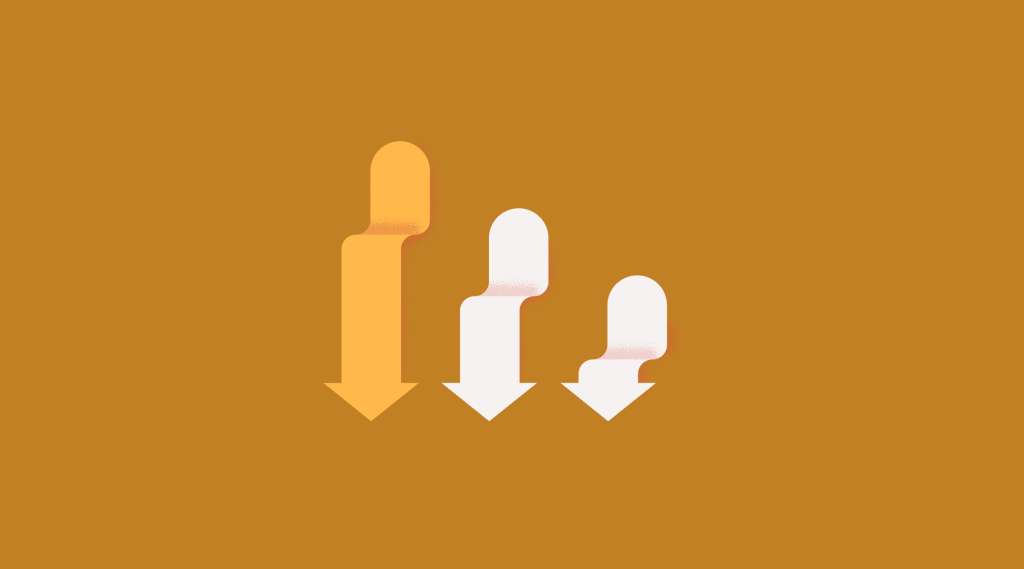 Three downward arrows on an orange background: one long orange arrow and two shorter white arrows, all pointing down.