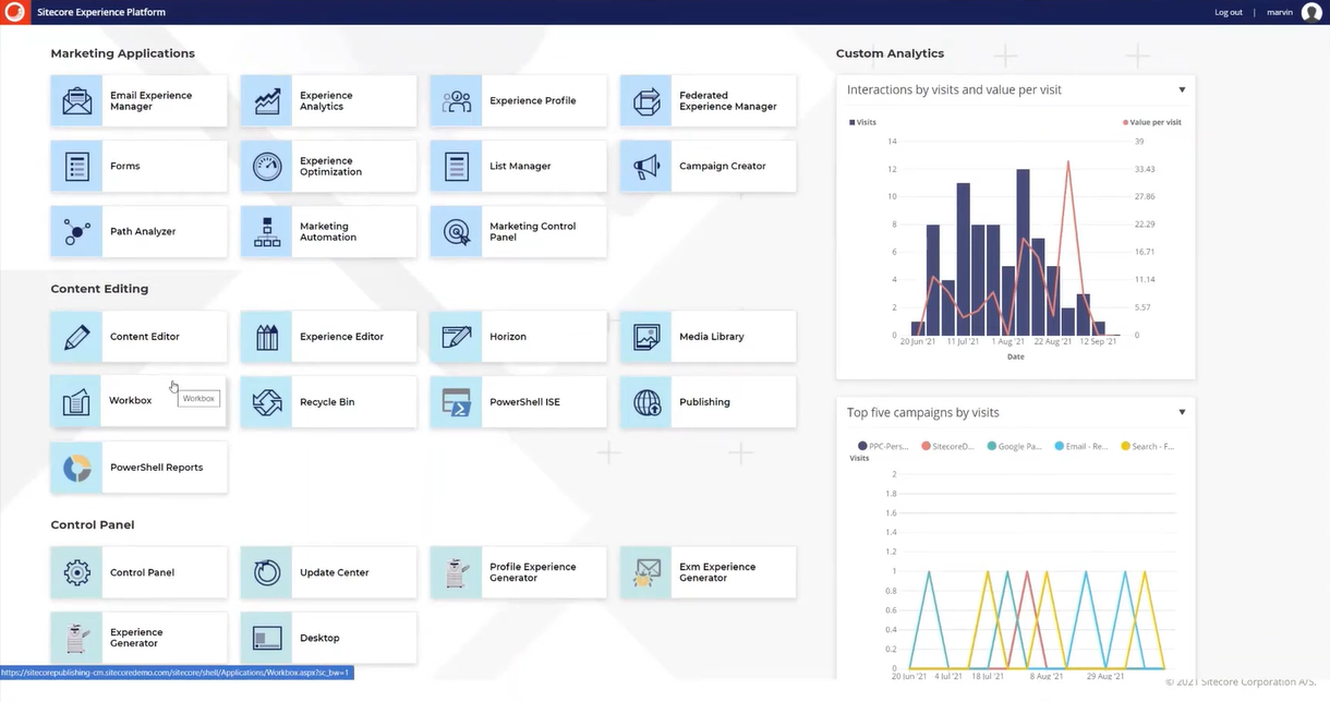 Sitecore’s Launchpad dashboard offers an overview of the control panel, marketing automation, and content editing tools.