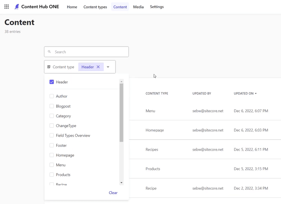 Content type area of the Content Hub ONE editor offers modular content options such as footer, category, and author.