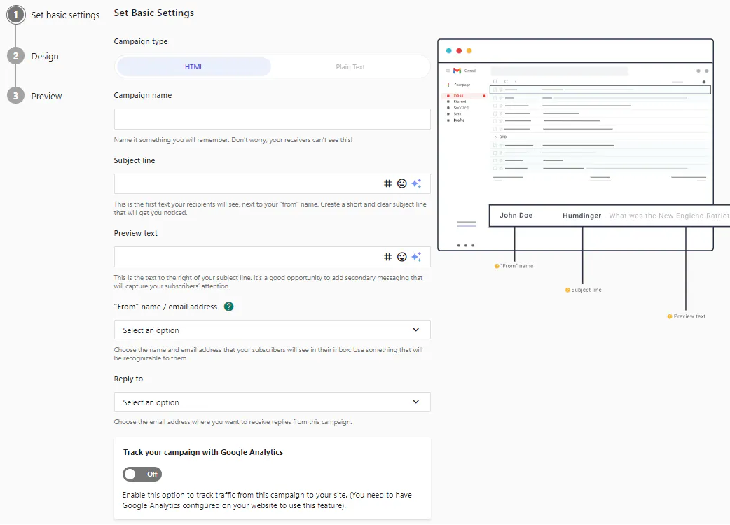 Sitecore Send’s regular campaign template allows you to set basic campaign settings.