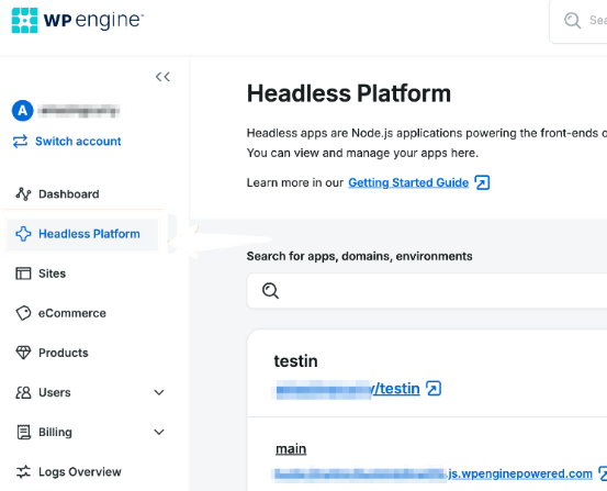 WP Engine headless platform page showing testing and main environments.