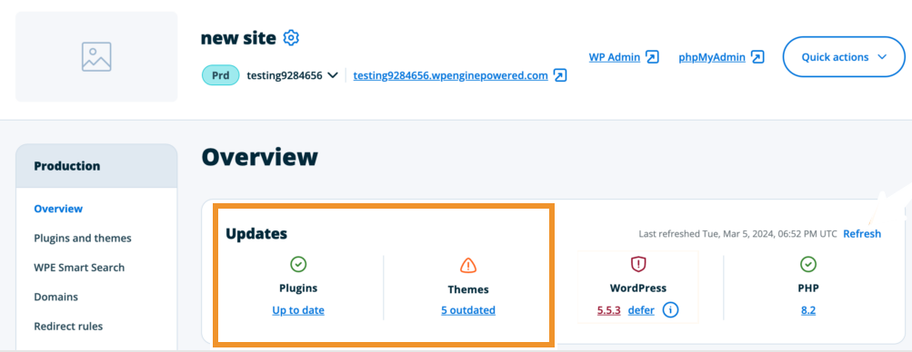 WP Engine production environment showing plugins and themes that need updates.