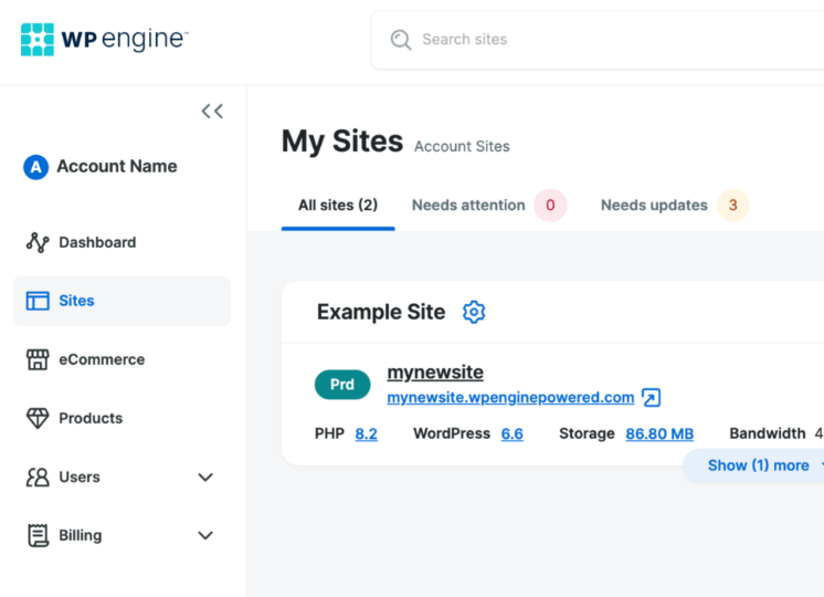 WP Engine’s user portal showing sites all the multisite setups within your dashboard.