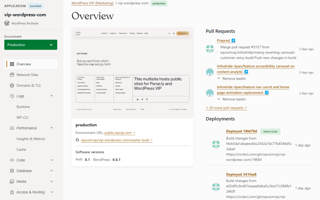 WordPress VIP dashboard showing production and deployment environments as well as pull requests.