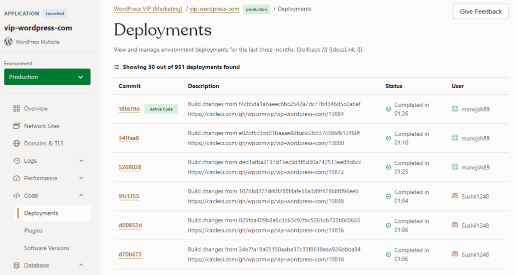 WordPress VIP deployment panel with list of deployments managed within the last three months, filtered by status, user, etc.