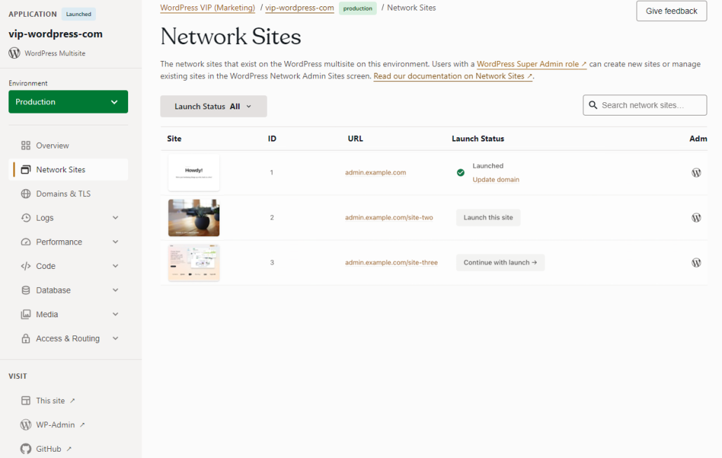 WordPress VIP multisite page showing the site, ID, URL and launch status of all the sites you’re managing.