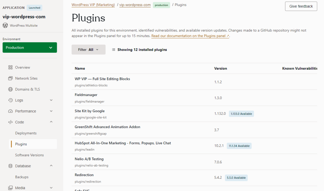 WordPress VIP panel with a list of installed plugins, version updates, and known vulnerabilities.