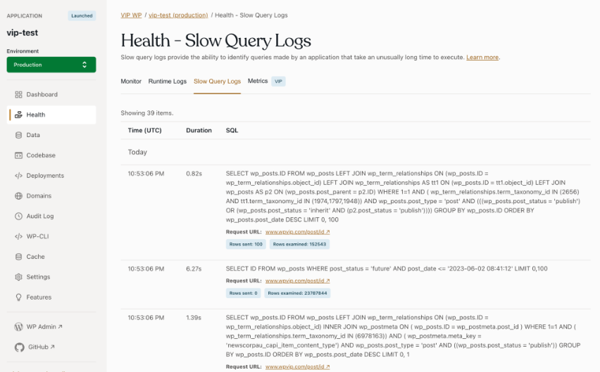 WordPress VIP slow query log showing queries that took unusually long time to execute.