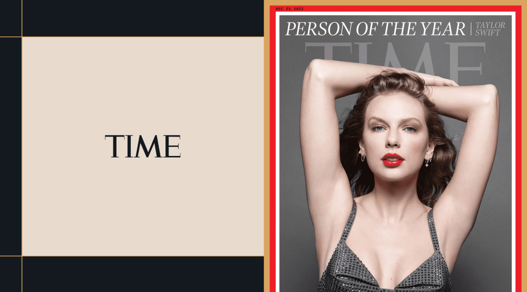 TIME magazine logo on the left; 'Person of the Year' cover on the right featuring Taylor Swift in a studded dress with bold red lipstick.