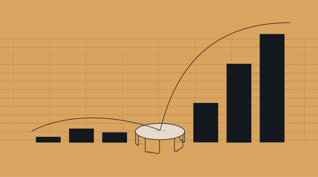 A stylized data visualization illustrating a sharp increase in growth. The image features a bar chart with a trampoline-like element in the center, symbolizing a sudden boost or "bump" in performance, set against a grid background.