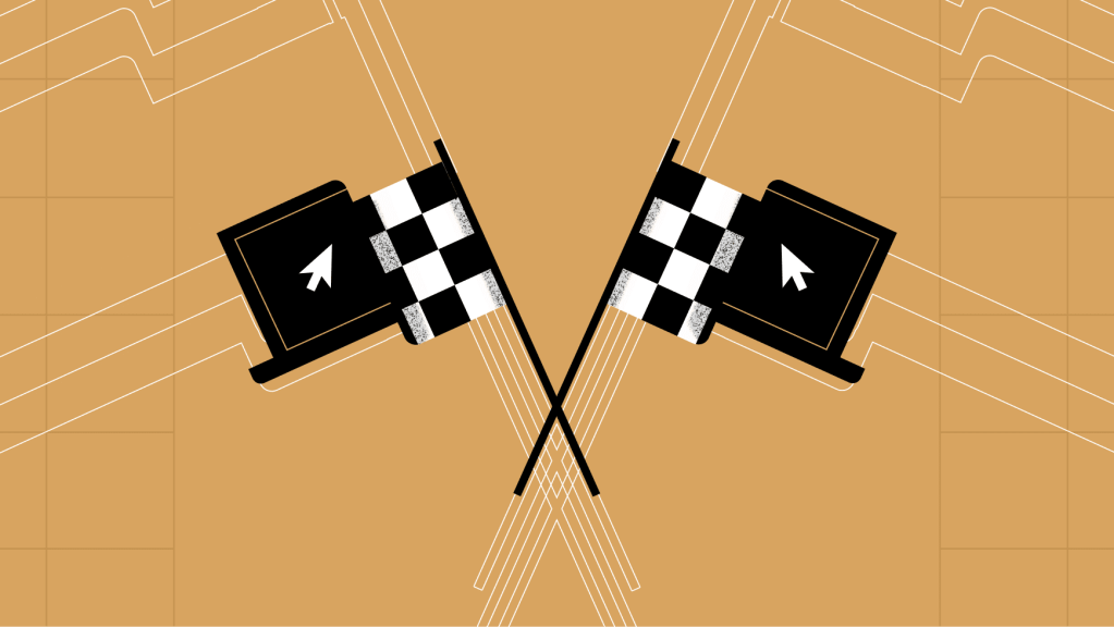 Two crossed checkered flags with laptop icons on a warm-toned background, symbolizing speed, efficiency, and competition in digital media performance. The design represents high-performing media websites and fast-loading digital experiences.