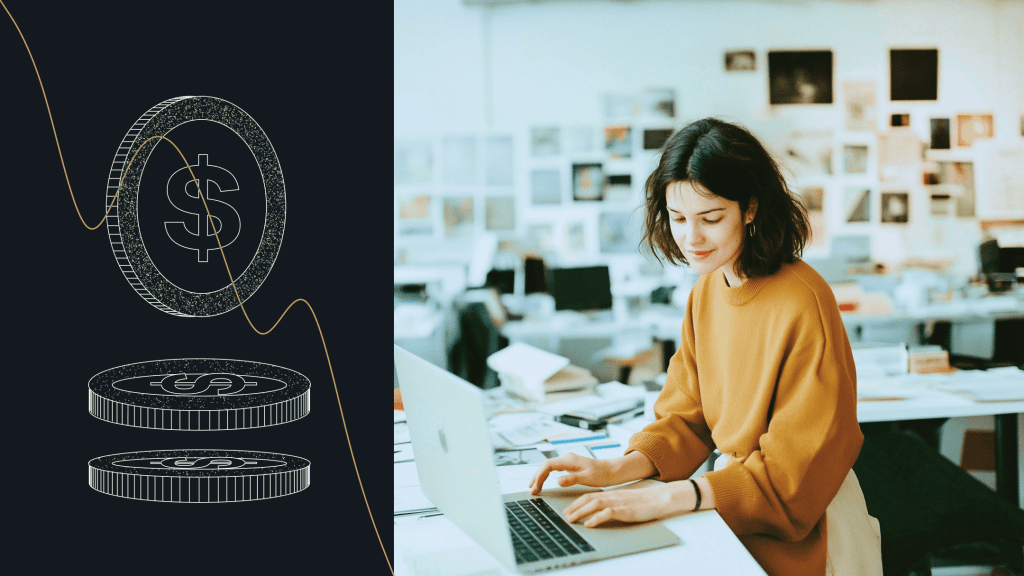 Person in a creative workspace working on a laptop, with a background of design materials. On the left side is an abstract financial illustration featuring digital-style coins and a fluctuating graph line, symbolizing cost efficiency and financial strategy in media technology.