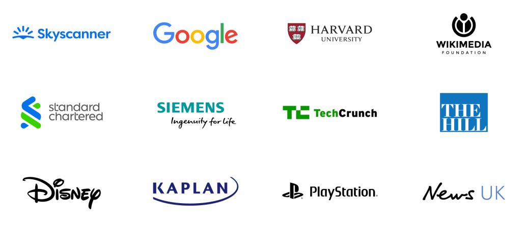 Logos of clients Human Made has worked with, including Skyscanner, Google, Harvard University, Wikimedia, and more.