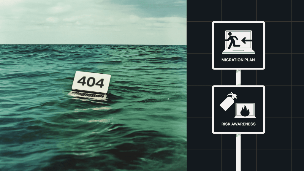 Image of a laptop with a 404 error floating in the ocean. To the side is an illustration of a migration plan and an illustration of risk awareness.