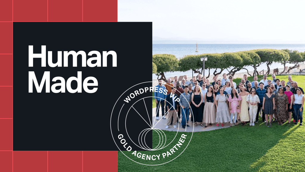 A large group of diverse professionals from Human Made gathered outdoors near the sea, posing for a team photo with greenery and ocean in the background. The image includes the Human Made logo and a WordPress VIP Gold Agency Partner badge overlay.