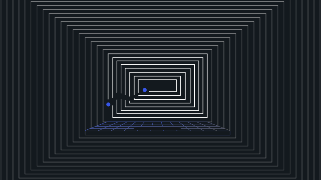 Illustration of a digital maze with blue dots navigating through a grid-lined laptop screen, symbolizing public sector modernization and overcoming due diligence challenges.