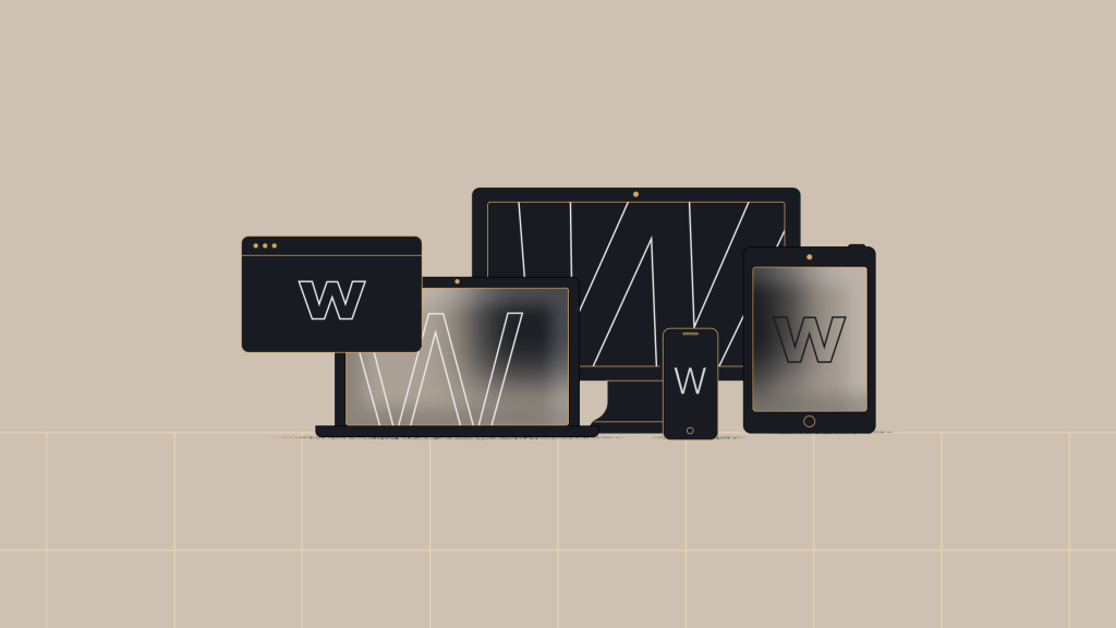 A collection of devices, including a laptop, tablet, desktop, and smartphone, each displaying the letter "W" in a modern design, representing the concept of technology across different platforms.