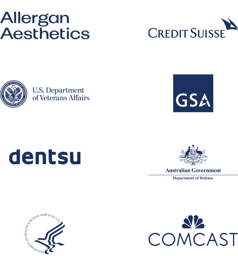 Logos of companies Veterans & Co. partners with, including U.S. Departent of Veterans Affairs, GSA, and Comcast.
