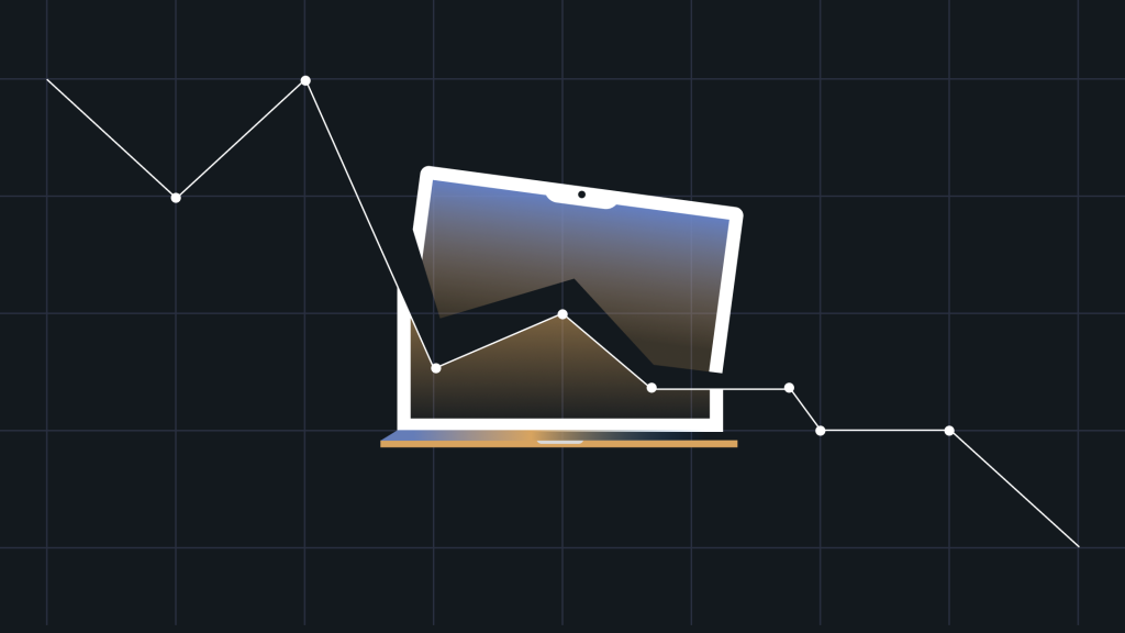 A stylized line graph showing a steep downward trend, integrated with a tilted laptop illustration at the center. The graph line passes through the laptop screen, emphasizing a decline in performance or metrics. The background is a dark grid, and the color palette features gradients of gold, blue, and black.